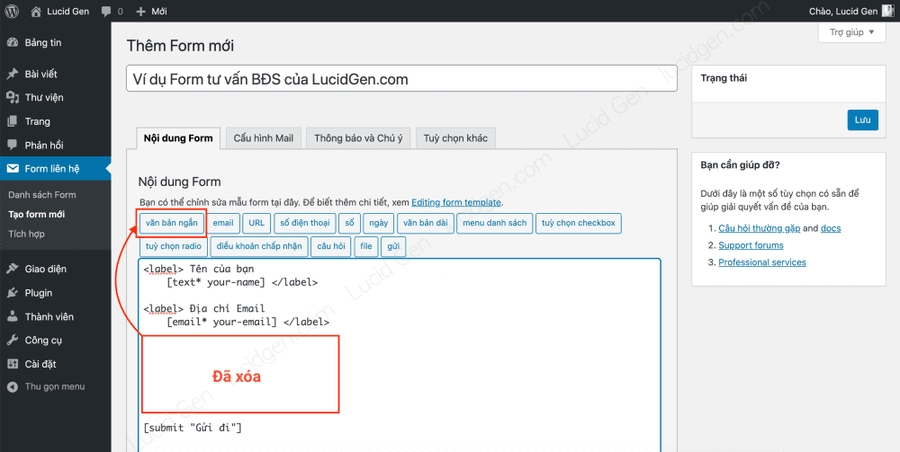 Hướng dẫn cấu hình Contact Form 7 WordPress - Nhấp nút Văn bản ngắn